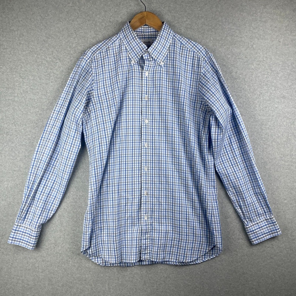 Hamilton Shirt Mens 17x41 Blue White Check Feb 14 Made In USA LS Since 1883